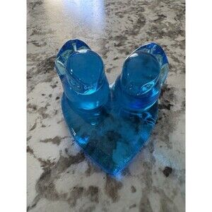 Vintage 2 Blue Birds of Happiness On Heart Art Glass Signed Leo Ward 1993